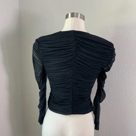 Express Womens Medium Body Contour Black Ruched Mesh Long Sleeve Top Blouse - Picture 5 of 9